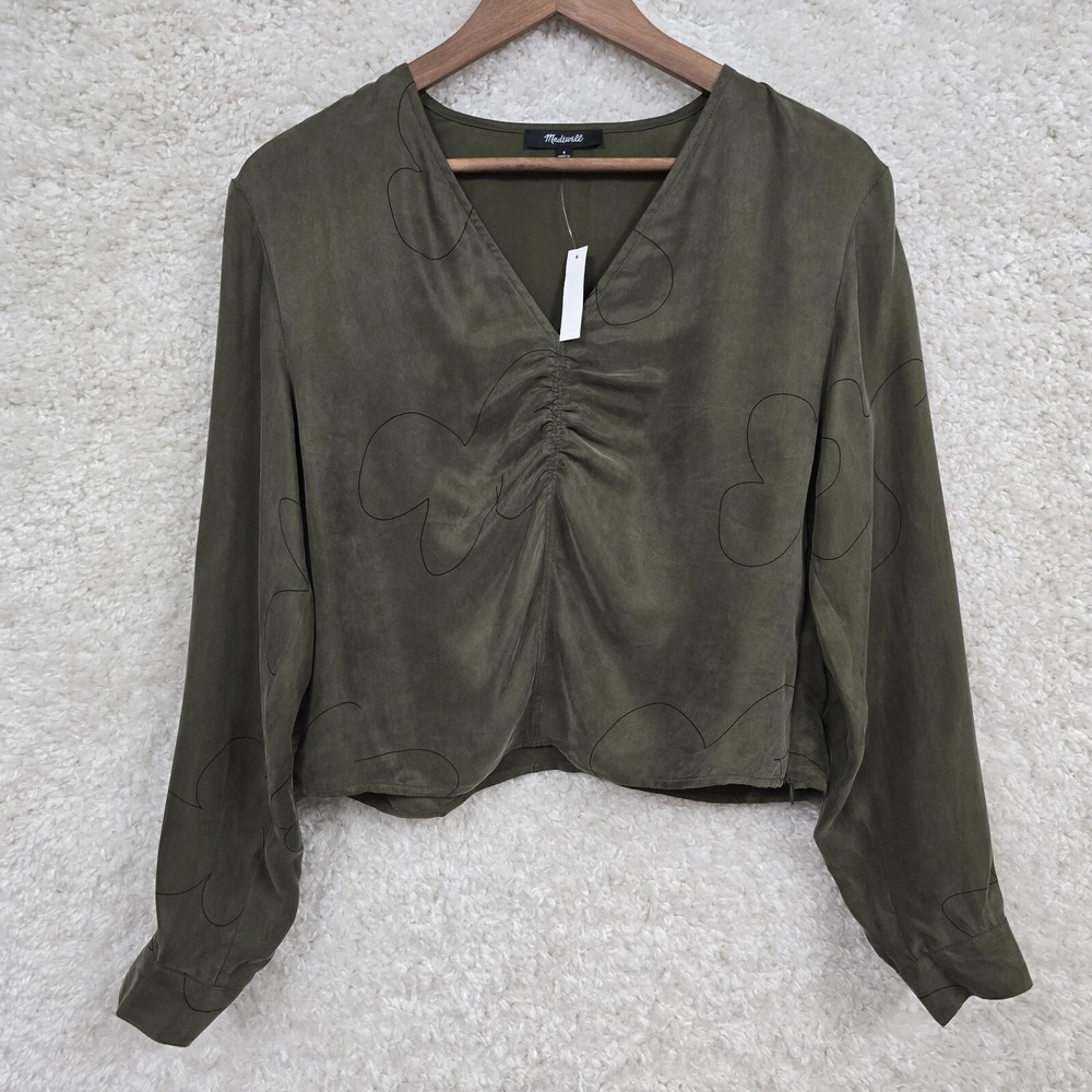 Madewell Ruched V-Neck Blouse Womens 4 Olive Green Floral Cupro Boho Forrest‎